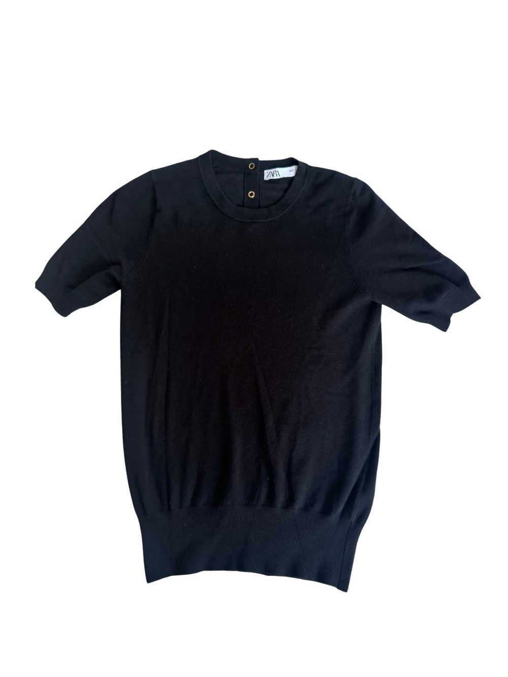Zara Women Black Short-Sleeve Crewneck Sweater with Button Collar